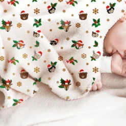 Polaire blanche motif animaux de Noel et flocons