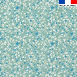 Popeline de coton vert d'eau motif petites fleurs blanches et bleues