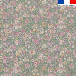 Popeline de coton verte motif petites fleurs champêtres multicolores