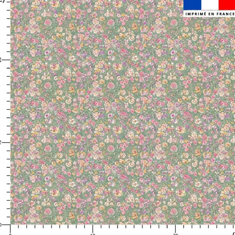 Popeline de coton verte motif petites fleurs champêtres multicolores