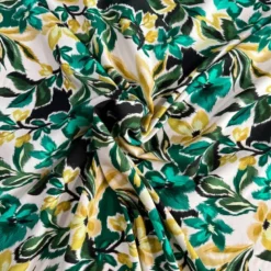 Popeline de viscoseécrue motif fleurs aquarelles vertes