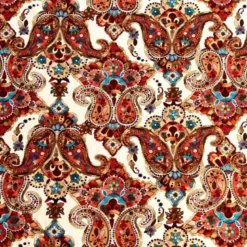 Popeline de viscose écrue motif cachemire et fleurs rouges