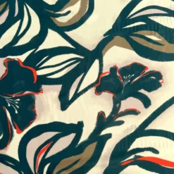 Popeline de viscose écrue motif grand dessin floral bleu pétrole