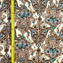 Popeline de viscose écrue motif cachemire et fleurs marron