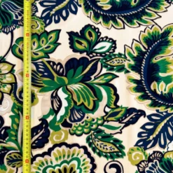 Popeline de viscoseécrue motif grandes fleurs bleu et vert
