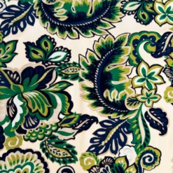 Popeline de viscoseécrue motif grandes fleurs bleu et vert