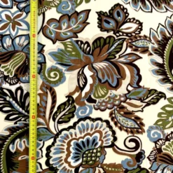 Popeline de viscose écrue motif grandes fleurs marron et bleu
