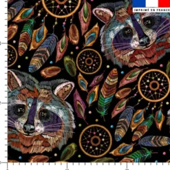 Raton laveur et attrape-rêve effet brodé - Fond noir