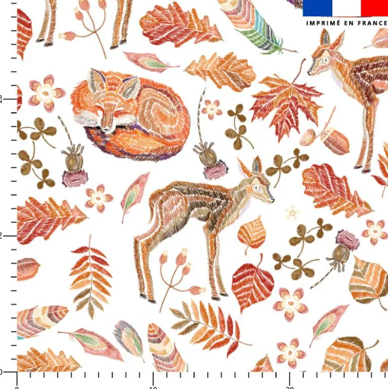 Renard et biche d'automne effet brodé - Fond blanc