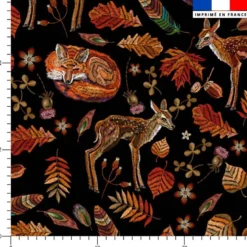 Renard et biche d'automne effet brodé - Fond noir