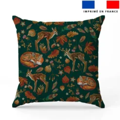 Renard et biche d'automne effet brodé - Fond vert foncé
