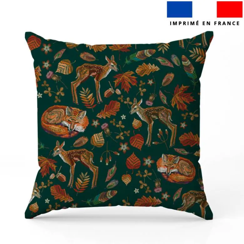 Renard et biche d'automne effet brodé - Fond vert foncé