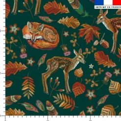 Renard et biche d'automne effet brodé - Fond vert foncé