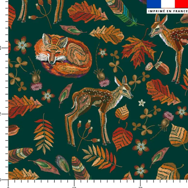 Renard et biche d'automne effet brodé - Fond vert foncé