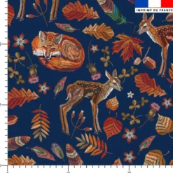 Renard et biche d'automne effet brodé - Fond bleu foncé