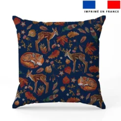 Renard et biche d'automne effet brodé - Fond bleu foncé