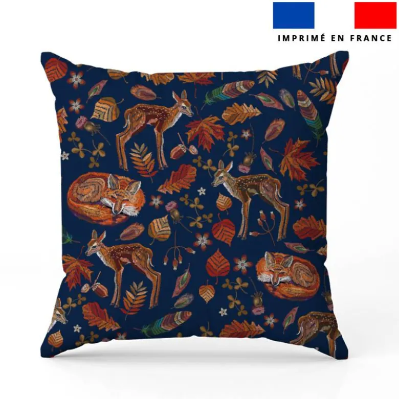 Renard et biche d'automne effet brodé - Fond bleu foncé