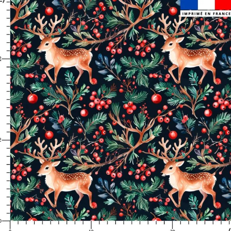 Renne et baie rouge de Noël - Fond bleu nuit