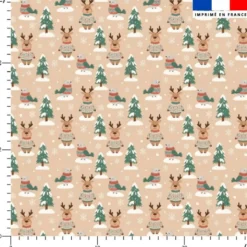 Rennes et oiseaux en pulls de Noël - Fond beige rosé