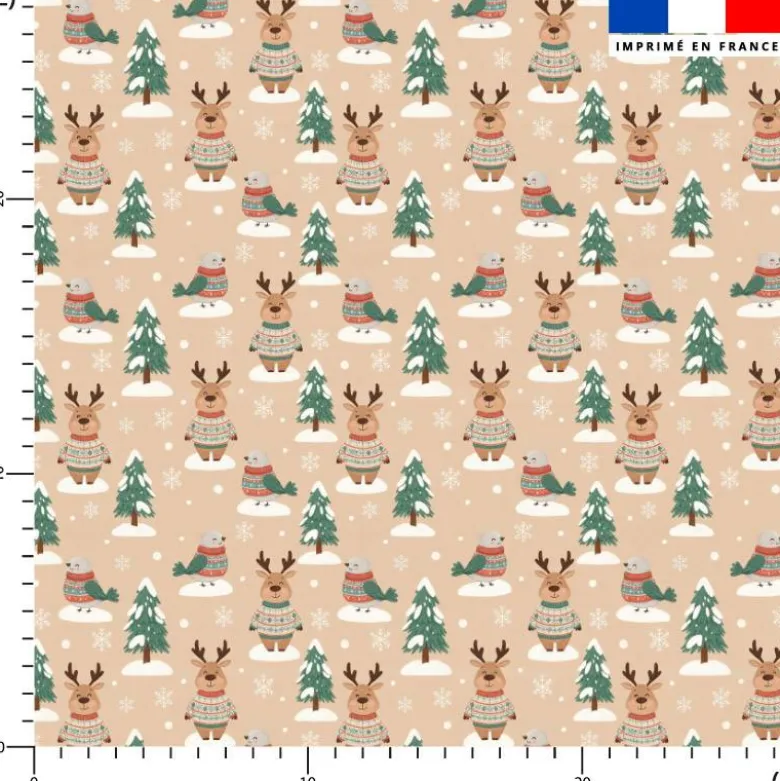 Rennes et oiseaux en pulls de Noël - Fond beige rosé