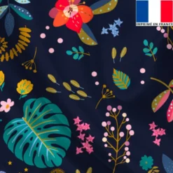 Satin bleu de minuit motif feuilles bleues et bleu-vert
