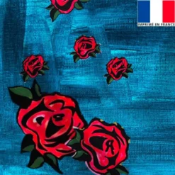 Satin bleu motif peinture et rose - Création Anne-Sophie Dozoul