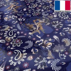 Satin bleu nuit motif tableau floral