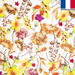 Satin écru imprimé aquarelle de fleurs nuances de jaune et marron