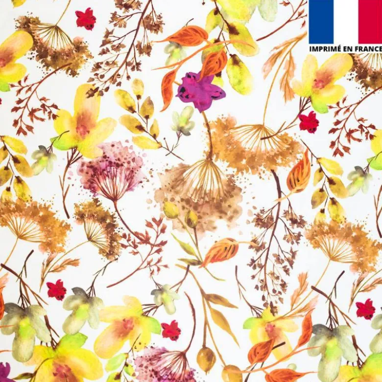 Satin écru imprimé aquarelle de fleurs nuances de jaune et marron