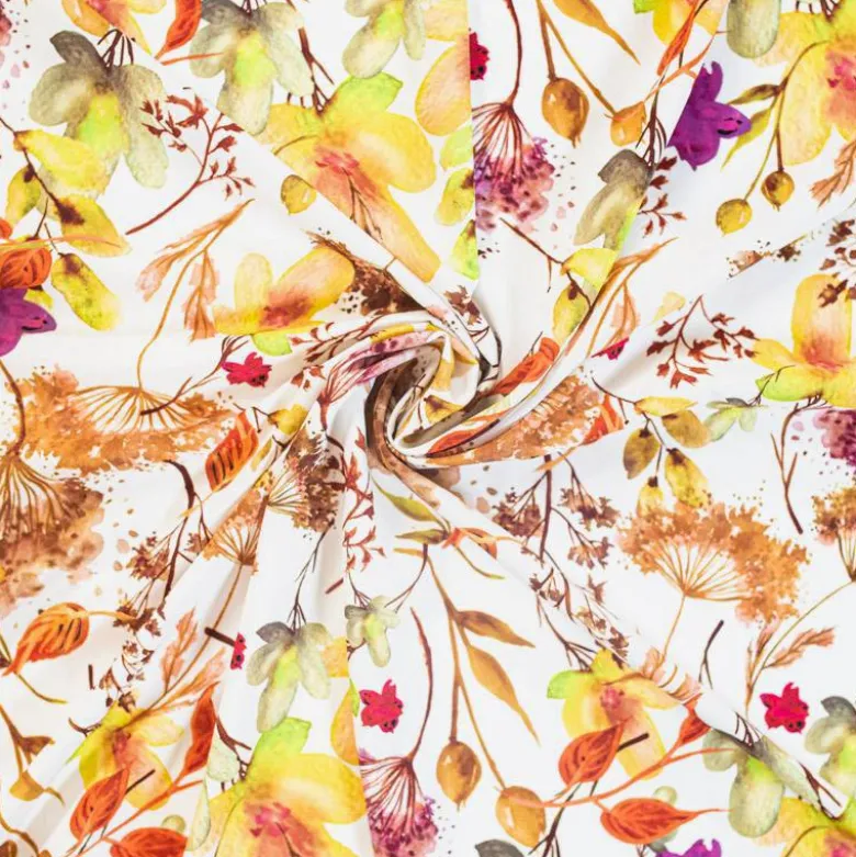 Satin écru imprimé aquarelle de fleurs nuances de jaune et marron