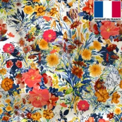 Satin écru motif bouquet de fleurs champêtres