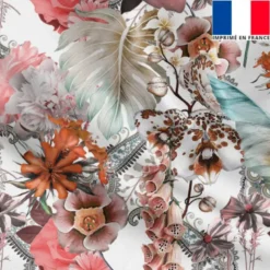 Satin écru motif cachemire et grande fleur vieux rose