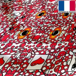 Satin écru motif cadre et bulle rouge framboise - Création Anne-Sophie Dozoul