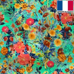 Satin vert d'eau motif bouquet de fleurs champêtres