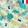 Satin vert d'eau motif toucan et pastèque tropicale
