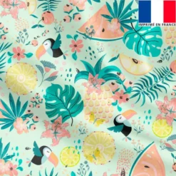 Satin vert d'eau motif toucan et pastèque tropicale