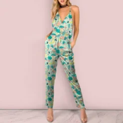 Satin vert d'eau motif toucan et pastèque tropicale
