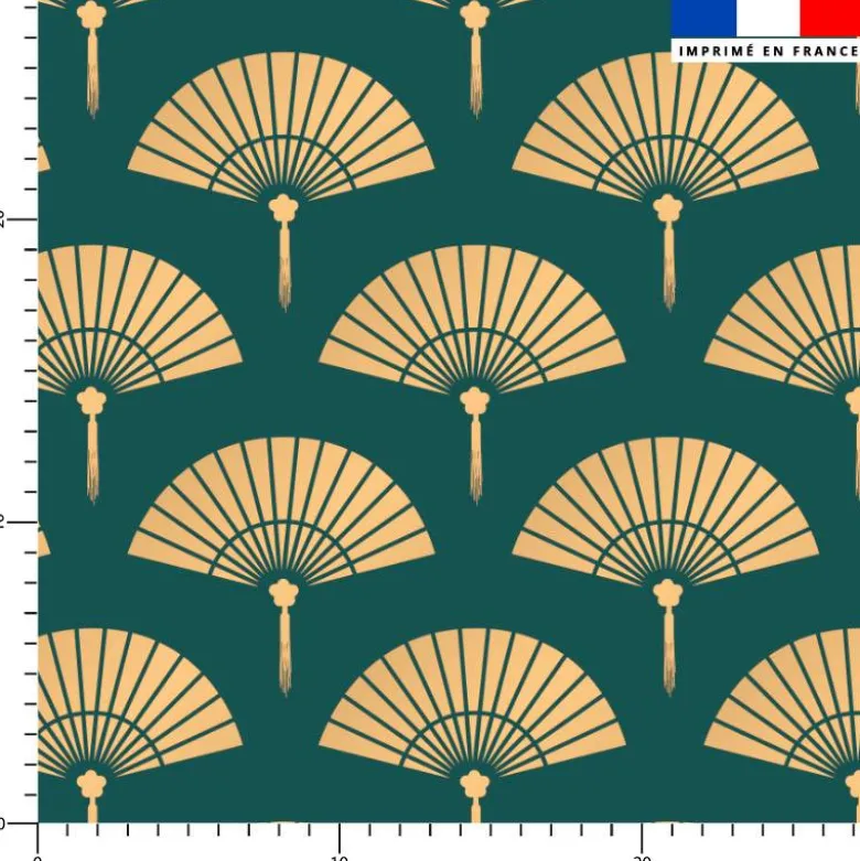 Satin vert motif éventail chinois beige