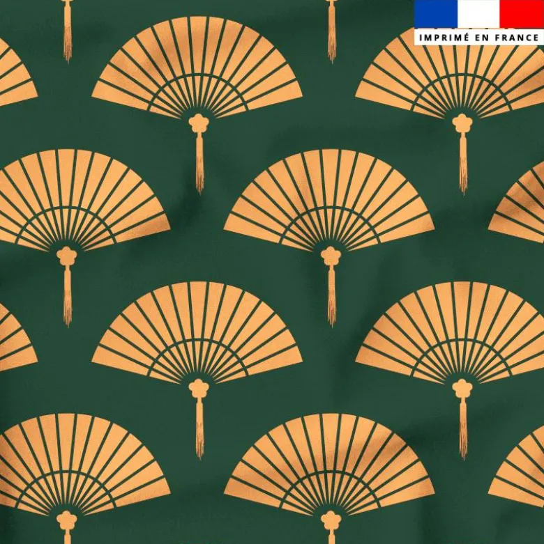 Satin vert motif éventail chinois beige