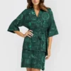 Satin vert sapin imprimé sorcellerie turquoise