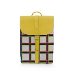 Simili cuir blanc motif tartan noir bleu et rose