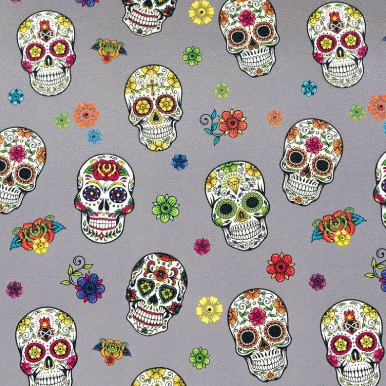 Simili cuir gris motif calavera et fleur