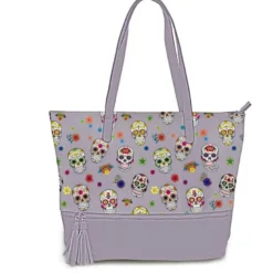 Simili cuir gris motif calavera et fleur