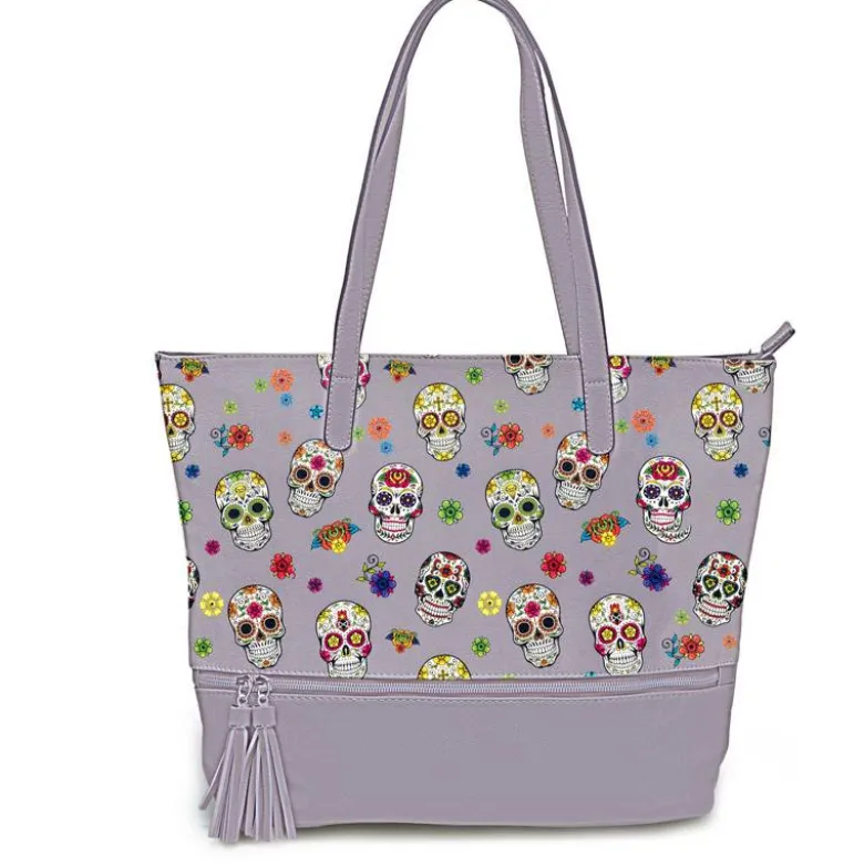 Simili cuir gris motif calavera et fleur