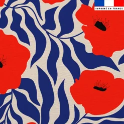 Simili cuir imprimé coquelicot et feuille bleue