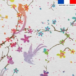 Simili cuir imprimé fleur de cerisier et oiseaux multicolores