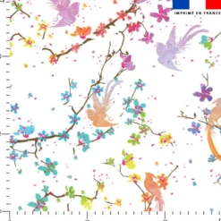 Simili cuir imprimé fleur de cerisier et oiseaux multicolores