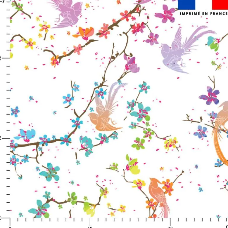 Simili cuir imprimé fleur de cerisier et oiseaux multicolores