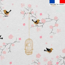 Simili cuir imprimé fleur de cerisier rose et cage à oiseaux