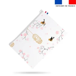 Simili cuir imprimé fleur de cerisier rose et cage à oiseaux